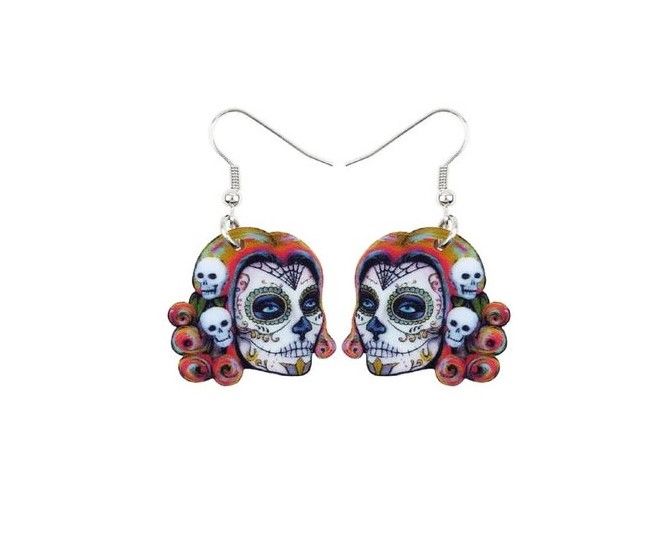 paire boucles oreilles acrylique,visage femme monstre mexicain,catrina skull candy,squelette souriant,crane tete mort,blanc noir rouge,steam punk gothique edouardien,bijou femme homme unisex,cadeau,toile araignée,cheveux vert orange bleu,pansements blessures,laser cut,cadeau fete anniversaire noel,