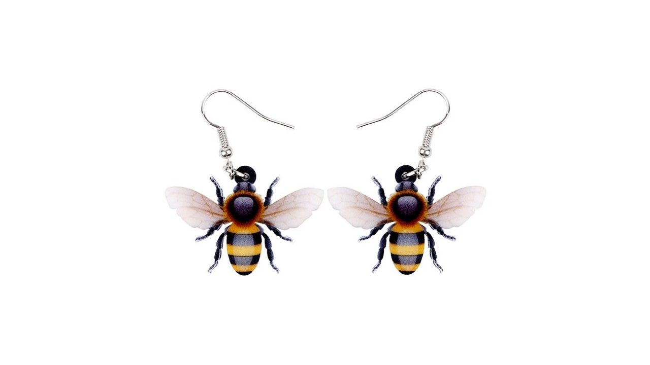 Boucles oreilles acrylique,abeilles insectes volants,jaune marron blanc noir,crochets acier inoxydable,steam punk gothique edouardien,bobo boho fashion mode,bijou femme homme unisexe,cadeau fete anniversaire noel,minimaliste animal ,sauvez les abeilles,art realiste surrealiste,art moderne contemporain,art deco,figuratif