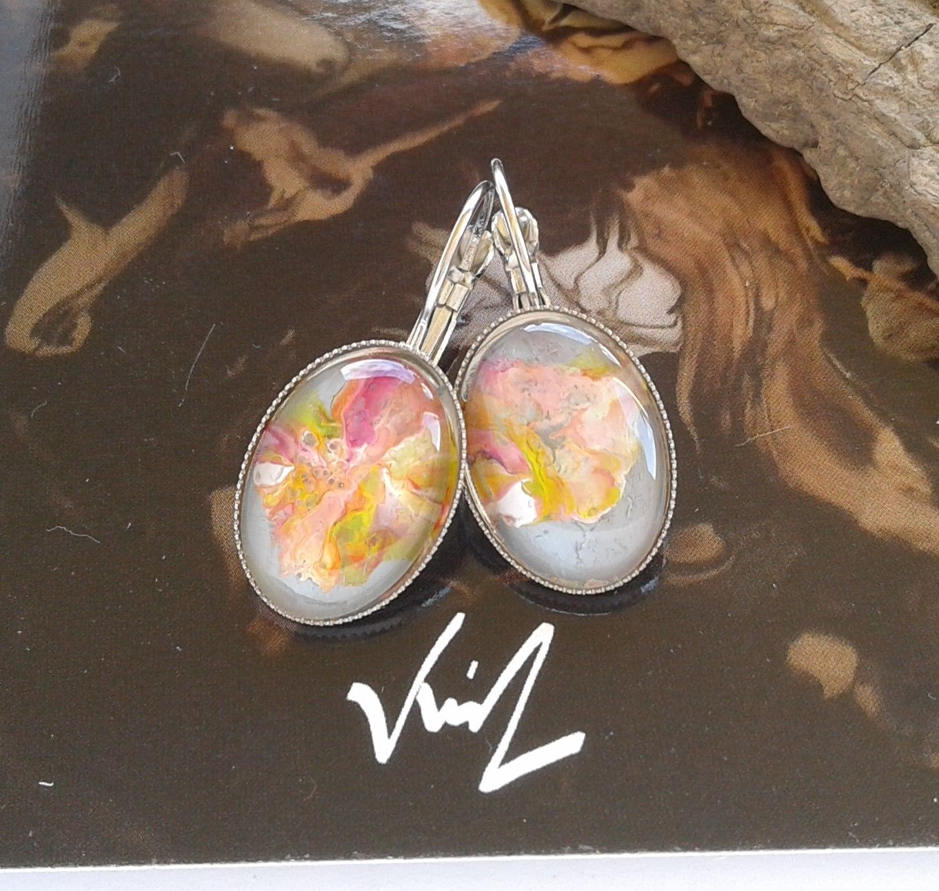 peint artiste française,dormeuses argente rhodié,bijou fantastique,fait mains en france,art nouveau bobo boho,bleu orange jaune rose vert