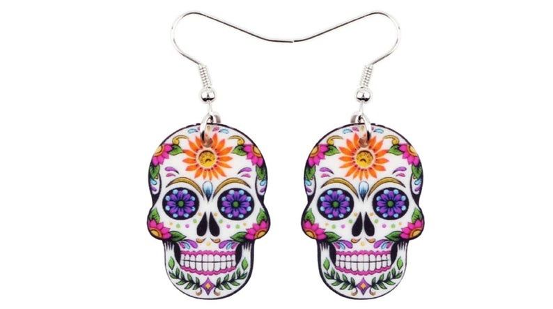 boucles oreilles squelette,crâne souriant,candy skull mexicain,fleur orange rose vert violet,noir blanc gris,feuillage,humour noir,gothique fantastique,edouardien,crochets acier argente,oreilles percées,decoupe laser cut,plastique imprimé,fait mains en france,bobo boheme hippie,art nouveau romantisme,cadeau fete anniversaire halloween