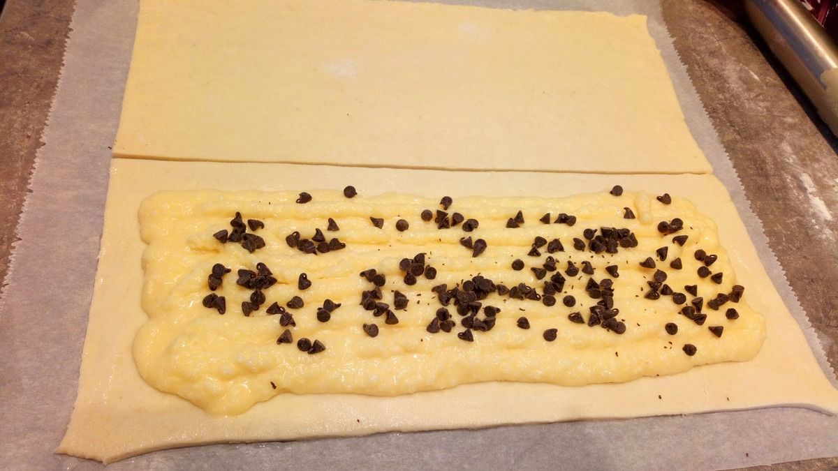 recette : 1)préparez la pâte feuilletée, faire la détrempe avec 500 g de farine + 10 g de sel + 225g d'eau + 50g de beurre (repos 30 min au frais), utilisez 250g pour tourer la pâte. faire 1 tour simple 1 tour double repos 30 min 1 tour double 1 tour simple 2) étendre un morceau de ce pâton de pâte feuilletée en un rectangle, détaillez deux bandes de 15cm/40cm et mettre au frais 30 min 2) préparez une crème de noix de coco faire fondre légèrement 80 g de beurre + 80 g de sucre + 80 de poudre de noix de coco + 2 càs de rhum + 1 oeuf + 10 g de farine 3) sortir la pâte du frigo , mettre cette crème jusqu'à 1 cm des bords, humidifiez les bords, parsemez de pépites de chocolat , refermez avec l'autre pâte , chiqueter les bords de la pâte pour souder 4) dorez , faire des dessins 5) enfournez à 180° pendant 30 à 35 min 6) glacez avec un sirop de sucre puis sur les deux côtés les plus longs déposez du sucre perlé