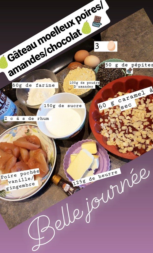 Recette : 1) préparez un caramel à sec avec 70g de sucre blanc, garnir le fond de votre moule 2) crèmez 125g de beurre, y ajoutez 140 g de sucre + 100 g de poudre d'amandes + vanille en poudre + 50g de farine + 3 œufs + 1 pincée de fleurs de sel + 2 c à s de rhum 3) dans votre moule, y installer vos poires pochées 4) versez votre pâte dessus 5) cuire à 180° pendant 25 à 30 min 6) attendre que le caramel se fige à la sortie du four puis démouler. ( j utilise un moule en silicone de la marque silikomart)