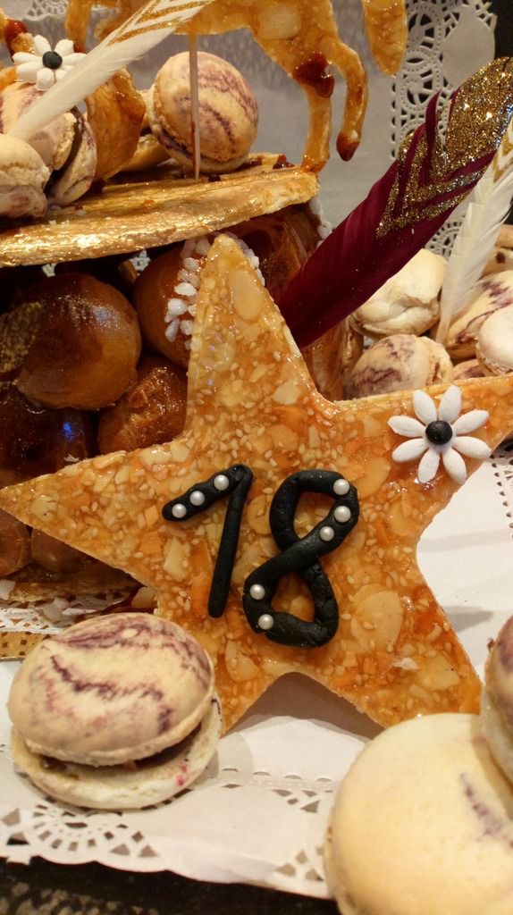 recette pour dix personnes (créée pour les 18 ans d'une jeune fille cavalière) : 1) préparer la veille la nougatine , faire un caramel claire avec 400 g de glucose + 500g de sucre , lorsqu'il a la couleur souhaité ajoutez 400 g d'amandes effilées et 3 c à s graines de sésames préalablement torréfiés. Travaillez la nougatine lorsqu'elle est chaude entre deux feuilles sulfurisées ou des toiles silpa . façonnez vos éléments de déco ici deux disques de 20 cm pour le support des choux puis deux chevaux avec l'aide d'un emporte pièce et d'une étoile. Réservez dans un endroit sec jusqu'au montage (astuce la nougatine se travaille tant qu'on le veut en la ramollissant au micro onde) 2) toujours la veille préparez votre crème vanille au kirsch faire chauffer 500 ml de lait avec de la vanille en poudre , dans un saladier mélangez 80 g de sucre + 3 oeufs + 50 g de farine , ajoutez le lait chaud dessus puis faire épaissir, ajoutez du kirsch + 60 g de beurre , réservez au froid 3) faire les choux il vous en faudra 13 pour chaque étages (3 étages) (voir la recette les profiteroles au chocolat) vos choux doivent être assez petits prendre une douille numéro 10 et faire des tas l'équivalent d'une cuillère à café , les réserver dans un endroit sec 4) le lendemain rassembler tous les éléments, garnir les choux de la crème à l'aide d'une poche à douille 5) faire un caramel à sec pour maintenir les éléments 100 g de sucre + 1 c à s de glucose 6)lorsque les choux sont remplis, les tremper dans le caramel (attention ça brûle !!!) puis les retourner pour leur donner un beau relief caramélisé, mettre un disque et disposer vos treize choux , puis faire deux autres étages au total trois étages , disposer le deuxième cercle, puis assembler les éléments , décorer à votre guise. j'y ai installé des macarons et utilisé de la pâte . (cela semble un sacré travail mais si vous maîtrisez la pâte à choux le caramel et la nougatine alors ce ne sera qu'un jeu d'enfant)