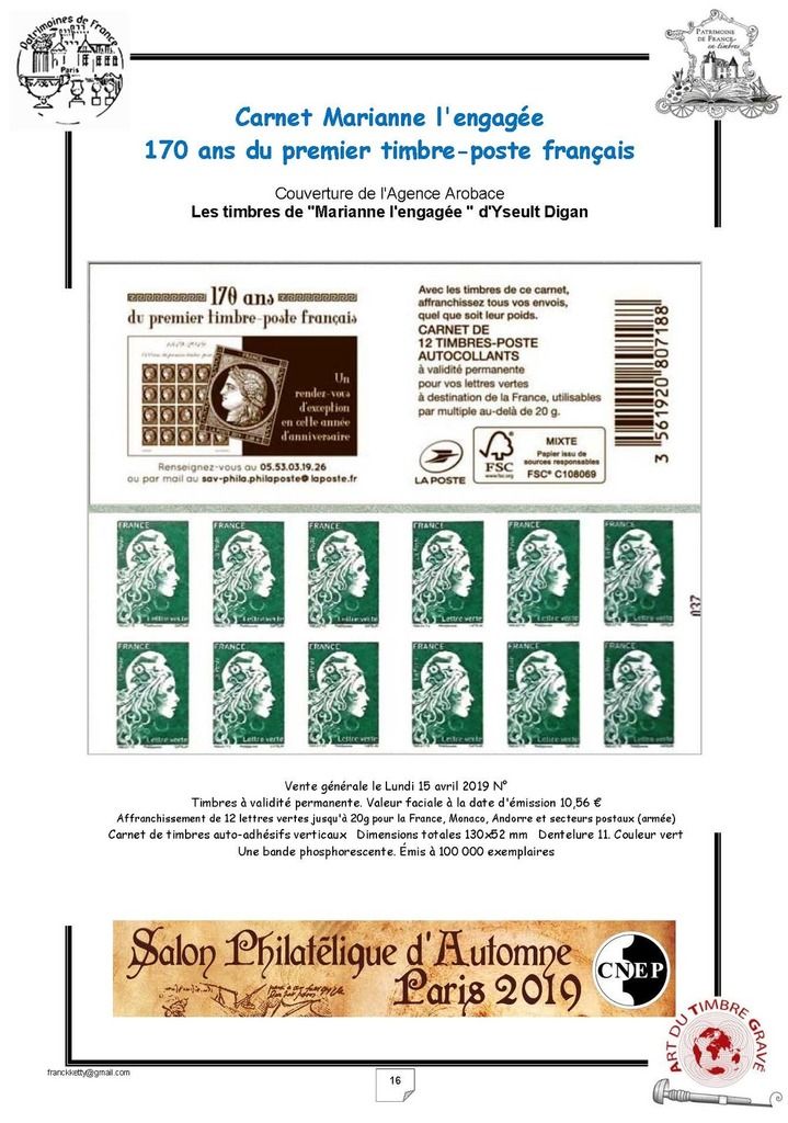 Carnet 12 timbres Marianne l'engagée - Lettre Verte - Couverture Patrimoine  - La Poste