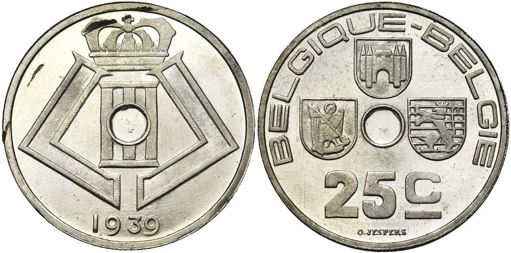  25 centimes, 1939FR/NL. Refrappe en argent. Flan non perforé. Tranche lisse.  Pochette Muntbeheer n° 120. 125€
