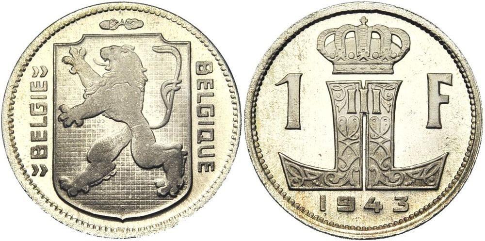 1 frank, 1943NL/FR. Refrappe en argent. Tranche lisse. Pochette Muntbeheer n° 129. 150€