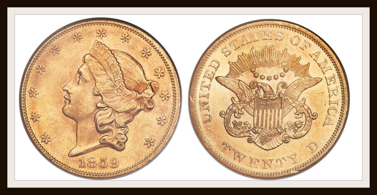 20 dollars . 1859  P.  (Philadelphie). (cliquez sur l'image)