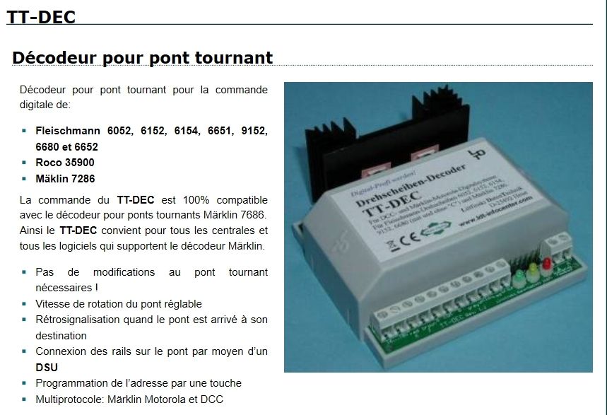 Notice décodeur TT-DEC de chez LDT (en français) pour les ponts tournants Fleischmann, Marklin et Roco
