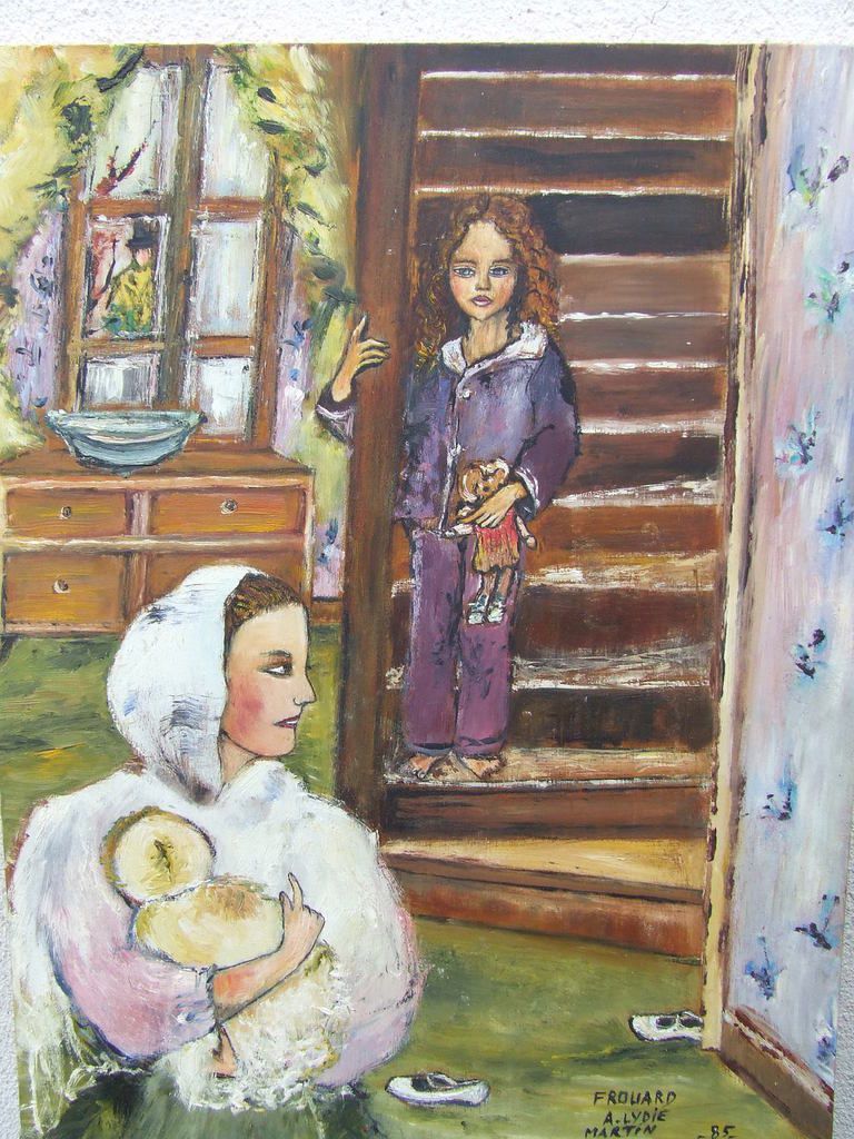 " LA  PETITE  MARIE DANS L'ESCALIER , ET ANGEL SA MÈRE " peinture  huile sur bois . 41 cm x 38 cm.