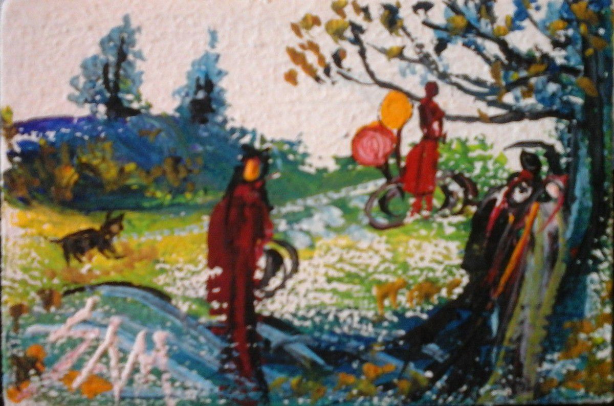  "   DANS  LE SQUARE , LA PETITE MARCHANDE DE BALLONS "  Miniature gouache sur bois.  9 cm x 6 cm. 