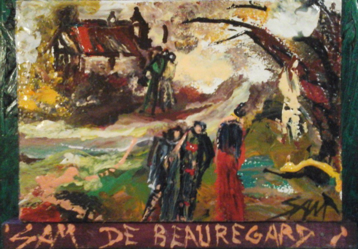 "  L' AUBERGE DES TROIS SŒURS "   Peinture gouache sur bois.  12 cm x 8,5 cm. 