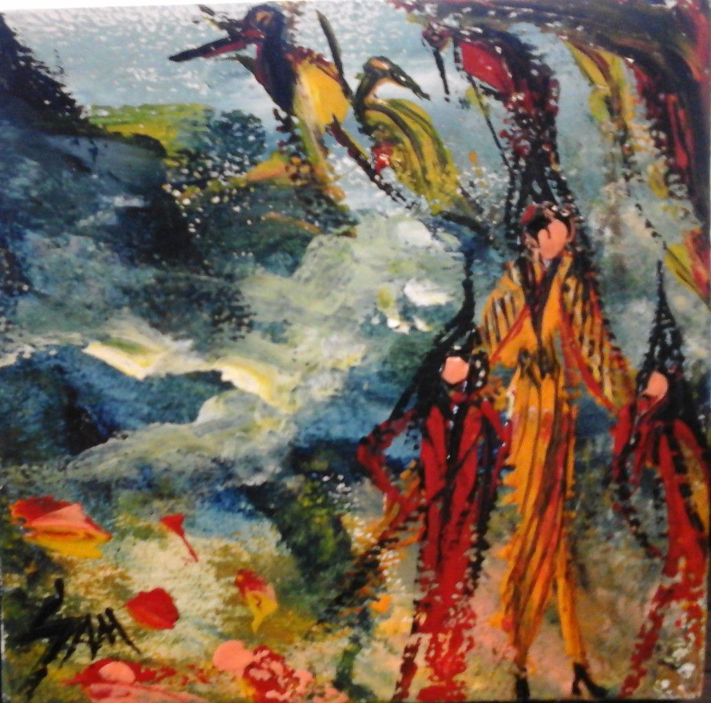 " IN THE  COUNTRY OF THE BIRDS WHICH JUST SING" painting gouache on wood   " AU PAYS DES OISEAUX QUI CHANTENT JUSTE "  Peinture gouache sur bois.  11 cm x 11 cm.