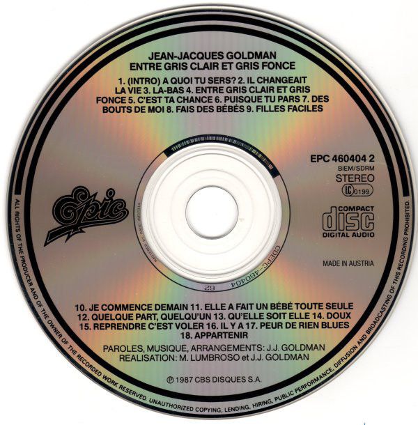 Jean Jacques Goldman : l'album Entre gris clair et gris foncé - les  différences entre le cd et le vinyl - Histoire des vinyls - rareté -  pressage different