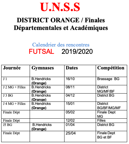 Calendrier Futsal et football 2019-2020