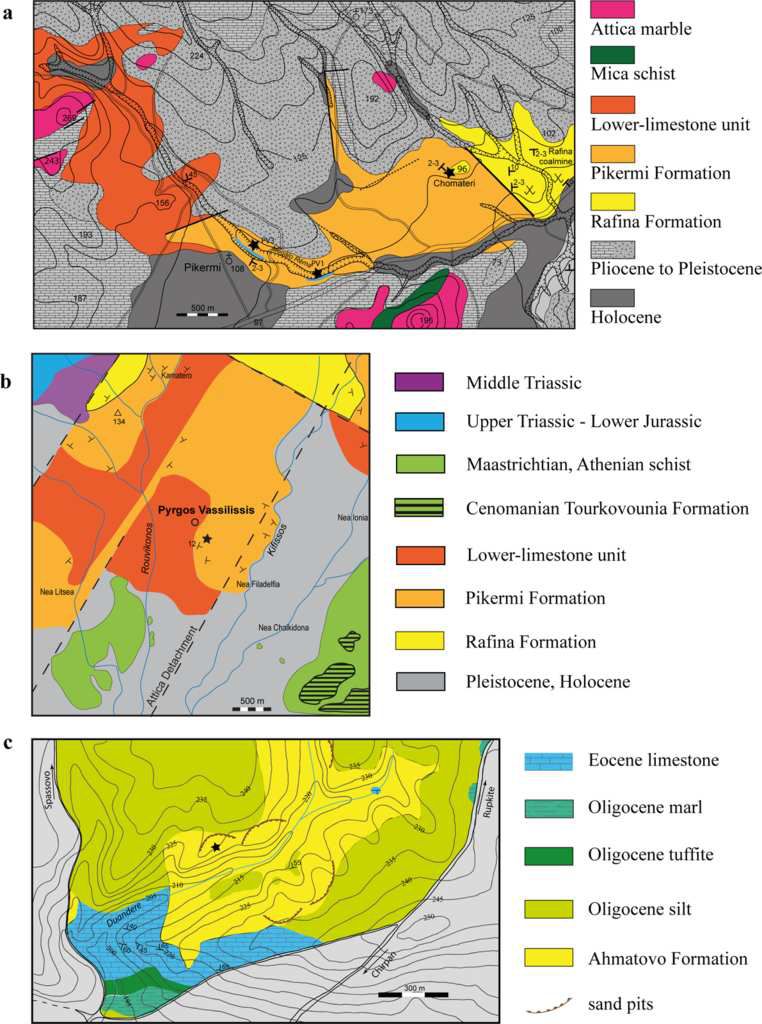 Fig 2. Geological maps of the regions around the studied localities.