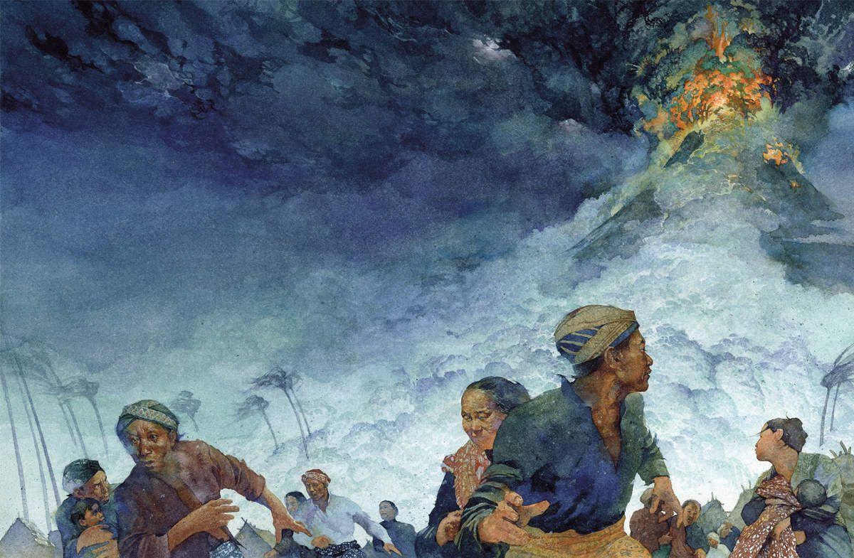 Illustration de l'éruption catastrophique du volcan Tambora en Indonésie le 10 avril 1815.