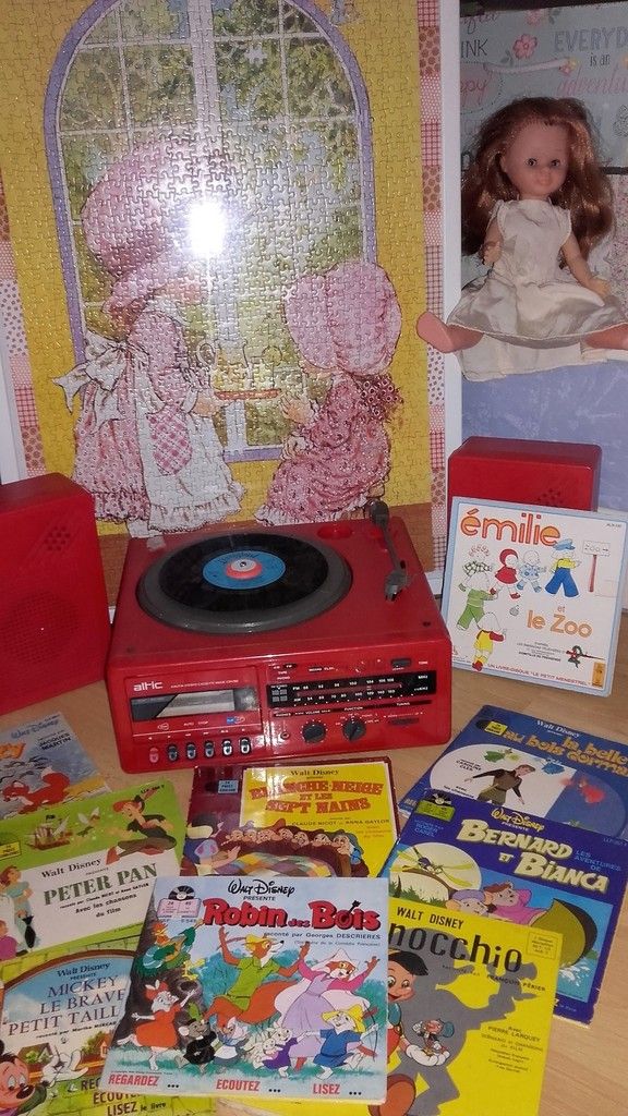 Retour de chine, livre-disque Dysney, vinyls, tourne disques, Sarah Kay, Poupée Nancy