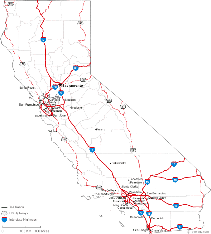 (Principales autoroutes californiennes, image www.geology.com)