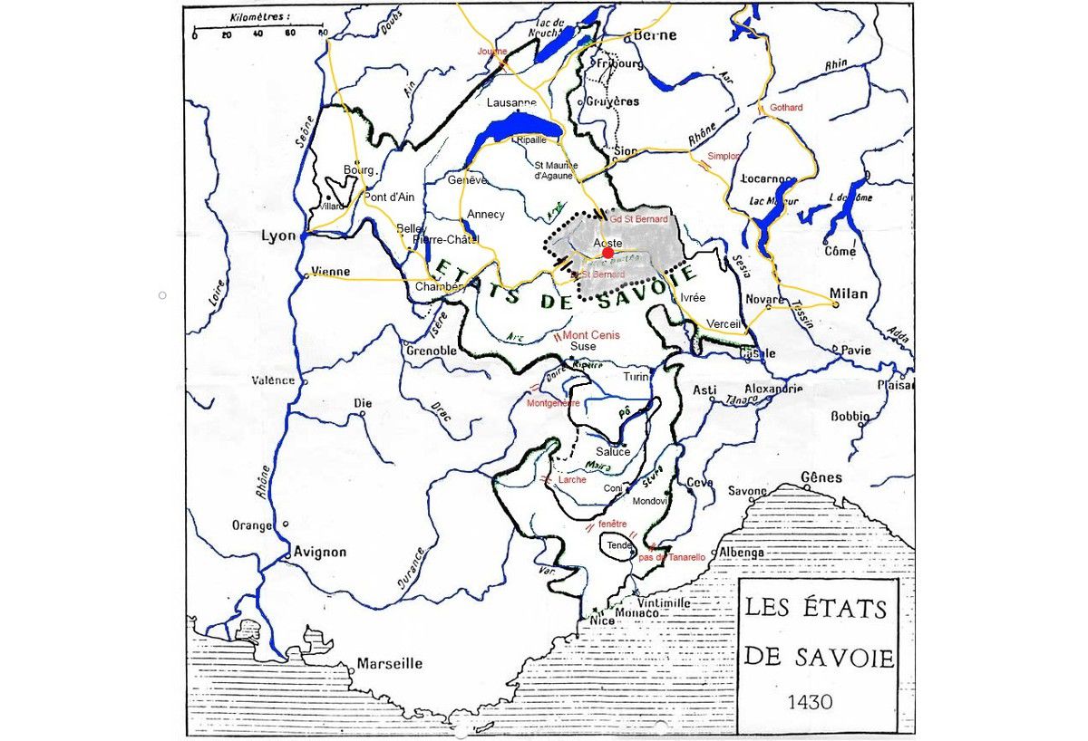 position de la vallée d'Aoste dans le duché de Savoie et principaux itinéraires routiers (carte E. Coux)