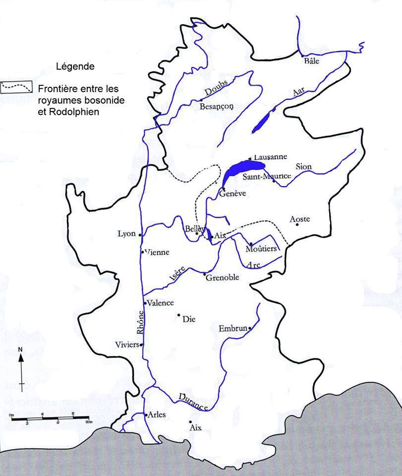 royaume de Bourgogne en 1032. Deux siècle après sa frontière occidentale se confondra avec la Saône et le Rhône (carte d'après Laurent Ripart)