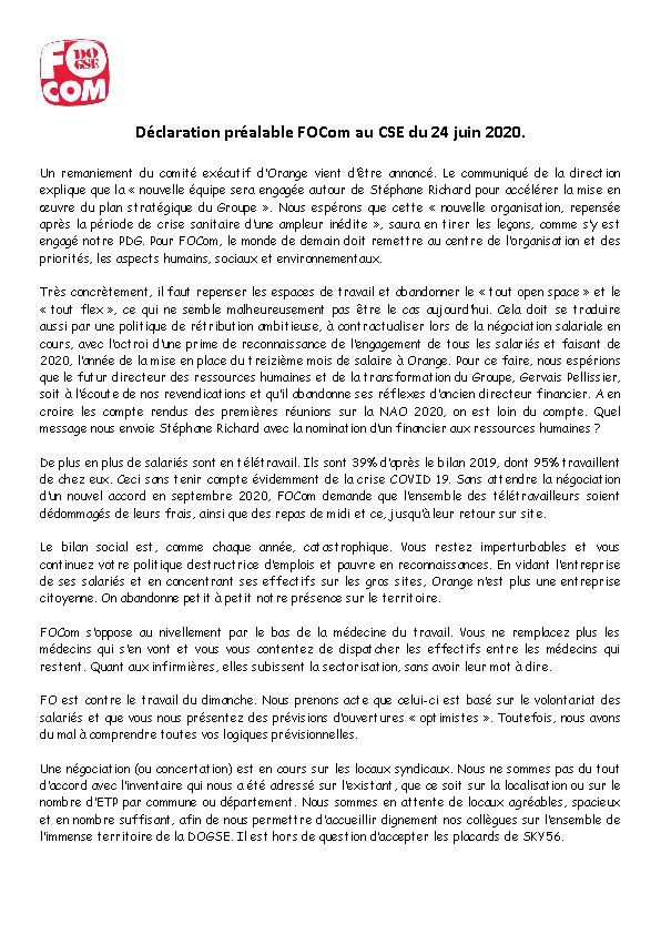 Déclaration préalable FOCom DOGSE, CSE 24 Juin 2020