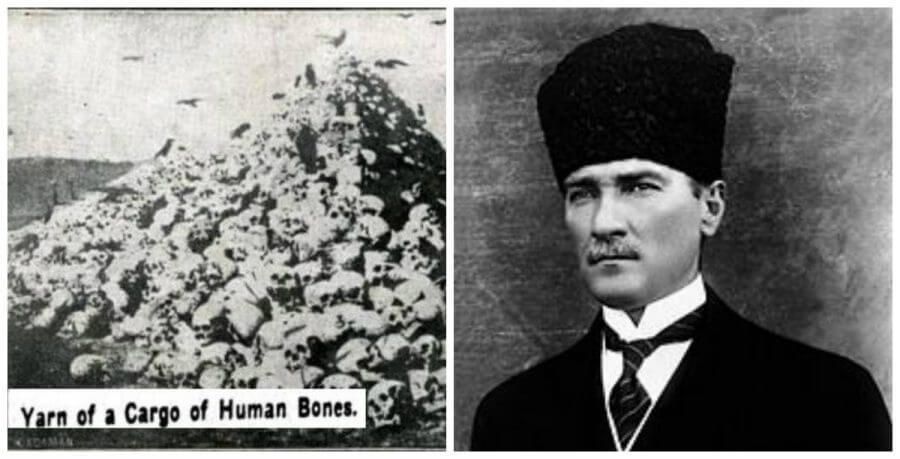 A gauche, les ossements vendus, à droite, Mustafa Kemal