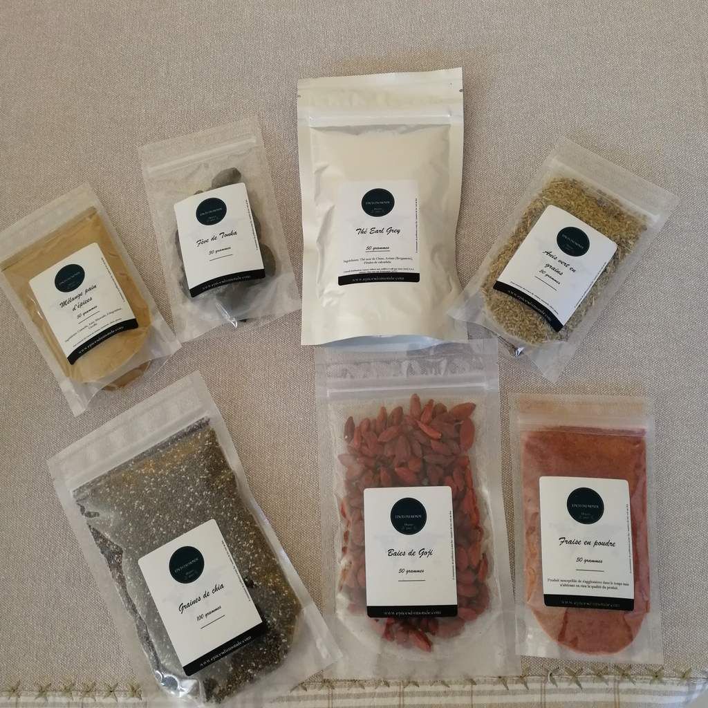 épices du monde, feve de tonka, thé earl grey, baie de goji, graines de chia, épices pain d"epices, fraise en poudre