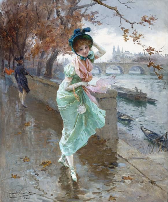 Daniel Hernández Morillo (1856-1932), Élégante sur les bords de Seine. 