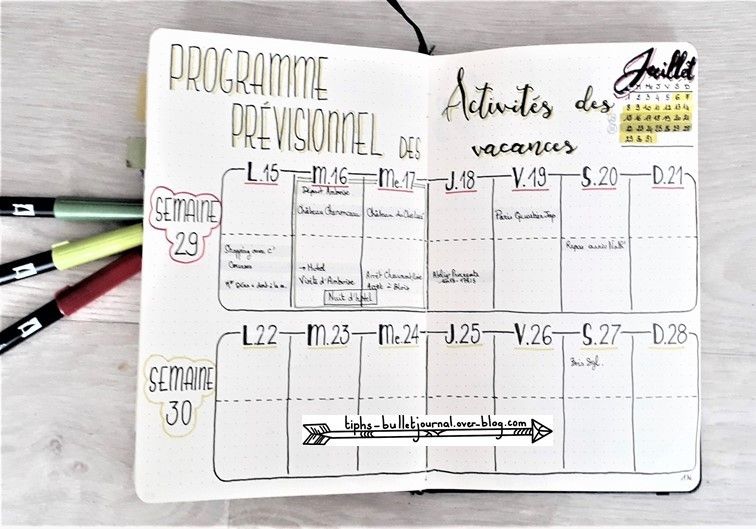 Programme prévisionnel de vacances sur 15 jours Tiph's Bullet Journal
