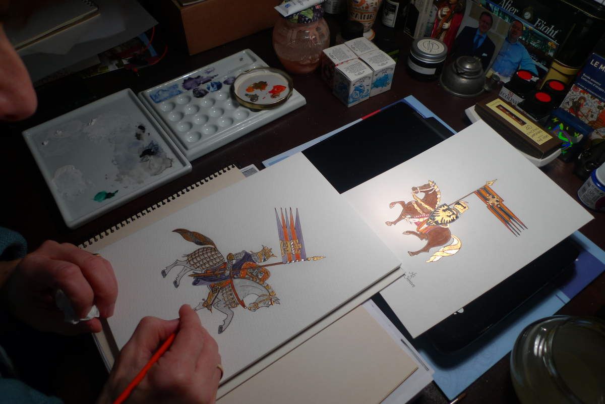 monique kalita enluminure bestiaire médiéval chimère chevalier héraldique blason armoiries art artiste peintre feuilles d ' or calligraphie