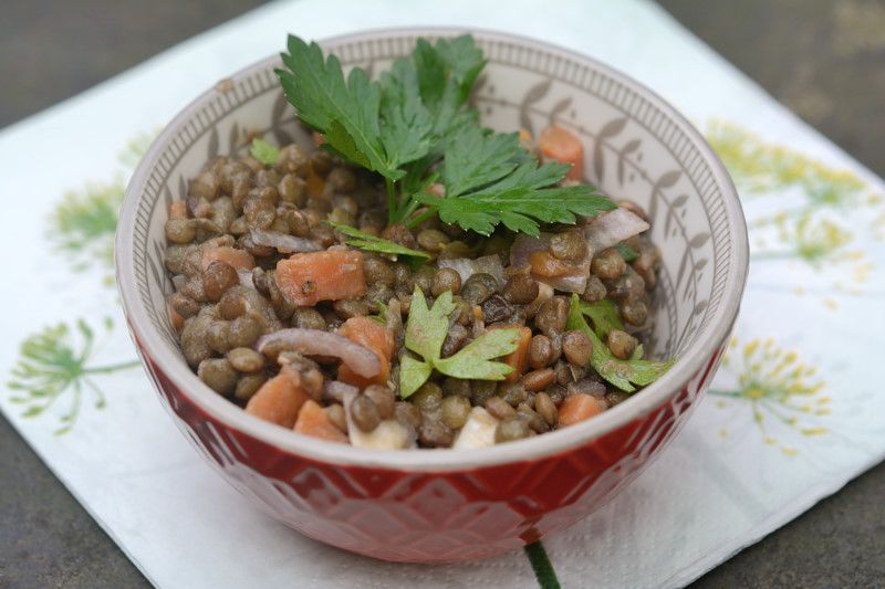 Salade de lentilles vertes aux carottes et à l'échalote - Du foin dans
