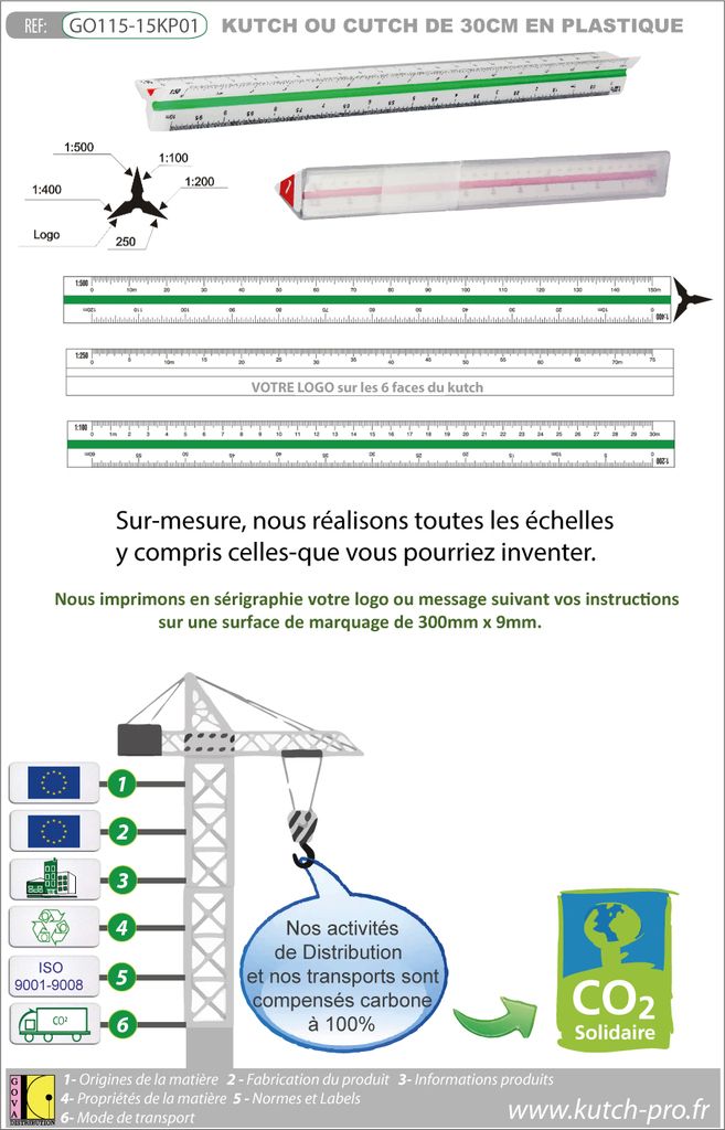 Kutch en plastique de 30 cm avec échelles et graduations sur mesure de fabrication européenne