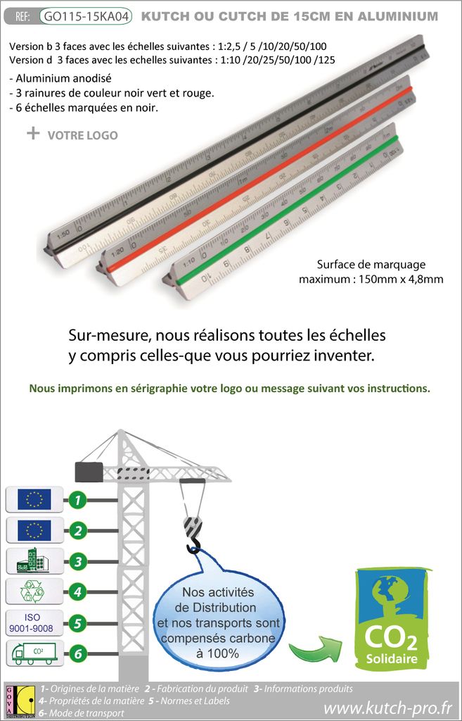 Kutch de 15 cm en aluminium avec échelles et graduations sur mesure de fabrication européenne