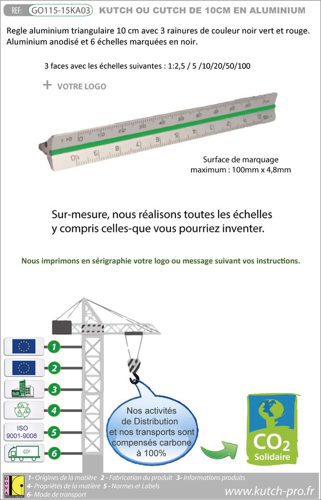 Kutch de 10 cm en aluminium avec échelles et graduations sur mesure de fabrication européenne