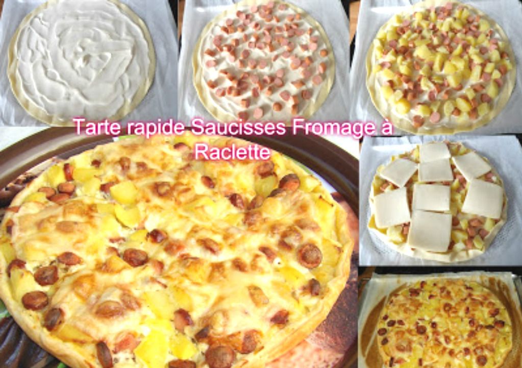 tarte saucisses, fromage à raclette, recette facile rapide, cuisine