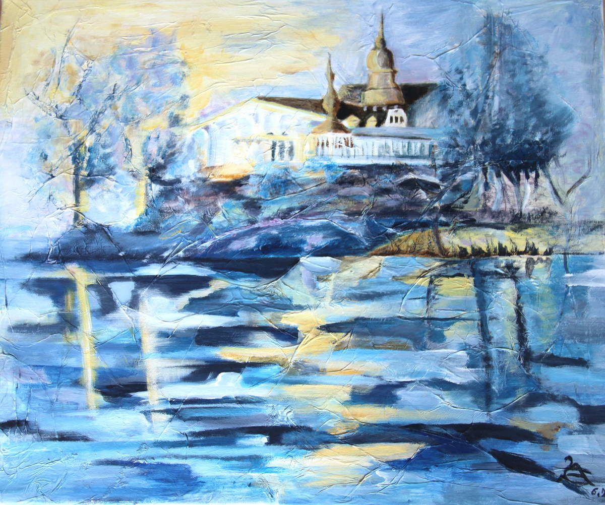 Helsinky, île, maison, manoir, paysage bleu et jaune, eva deuffic frayssinhes