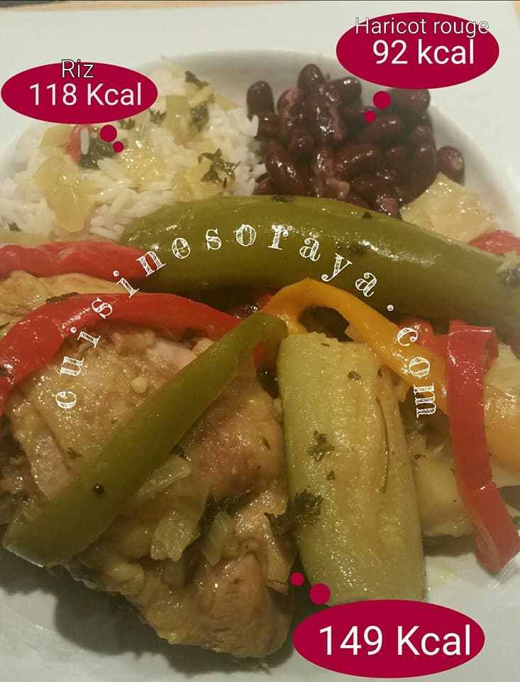 118 Kcal pour 100g de riz / 92 Kcal pour 100g d'haricot rouge / 149 Kcal pour 100g de colombo poulet
