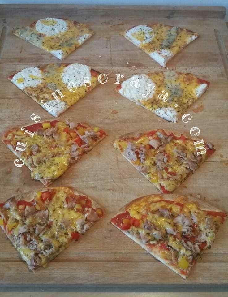 Pizza wrap thon poivrons et aux 3 fromages.