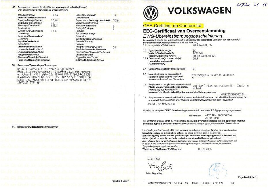 Demande de certificat de conformité Volkswagen