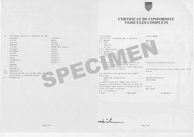 Certificat de Conformité Dacia  Gratuit  