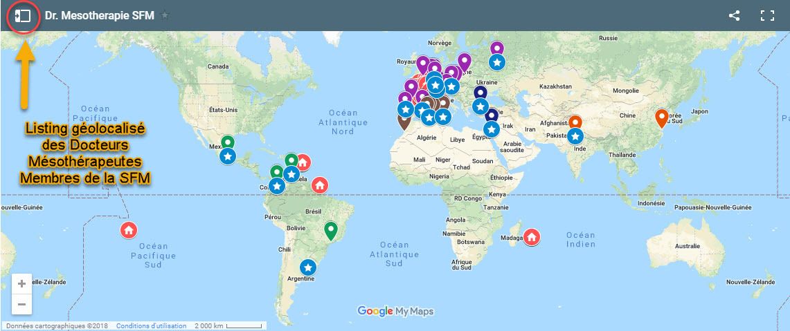 Carte interactive des Docteurs Medecins Mesotherapeutes de la SFM Societe Française de Mésothérapie : tous territoires (Ameriques, Afrique, Asie, Europe, France)