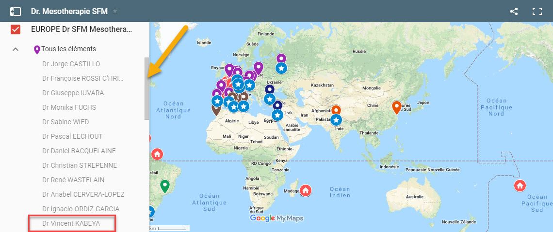 Carte interactive des Docteurs Medecins Mesotherapeutes de la SFM Societe Française de Mésothérapie : tous territoires (Ameriques, Afrique, Asie, Europe, France)