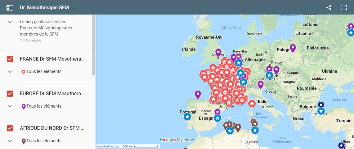 Carte interactive des Docteurs Medecins Mesotherapeutes de la SFM Societe Française de Mésothérapie : tous territoires (Ameriques, Afrique, Asie, Europe, France)