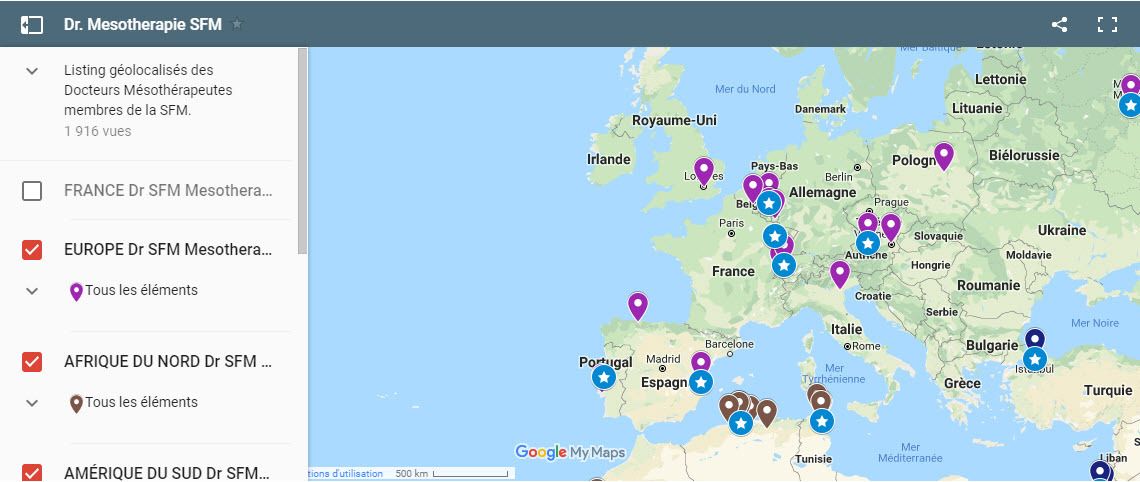 Carte interactive des Docteurs Medecins Mesotherapeutes de la SFM Societe Française de Mésothérapie : tous territoires (Ameriques, Afrique, Asie, Europe, France)