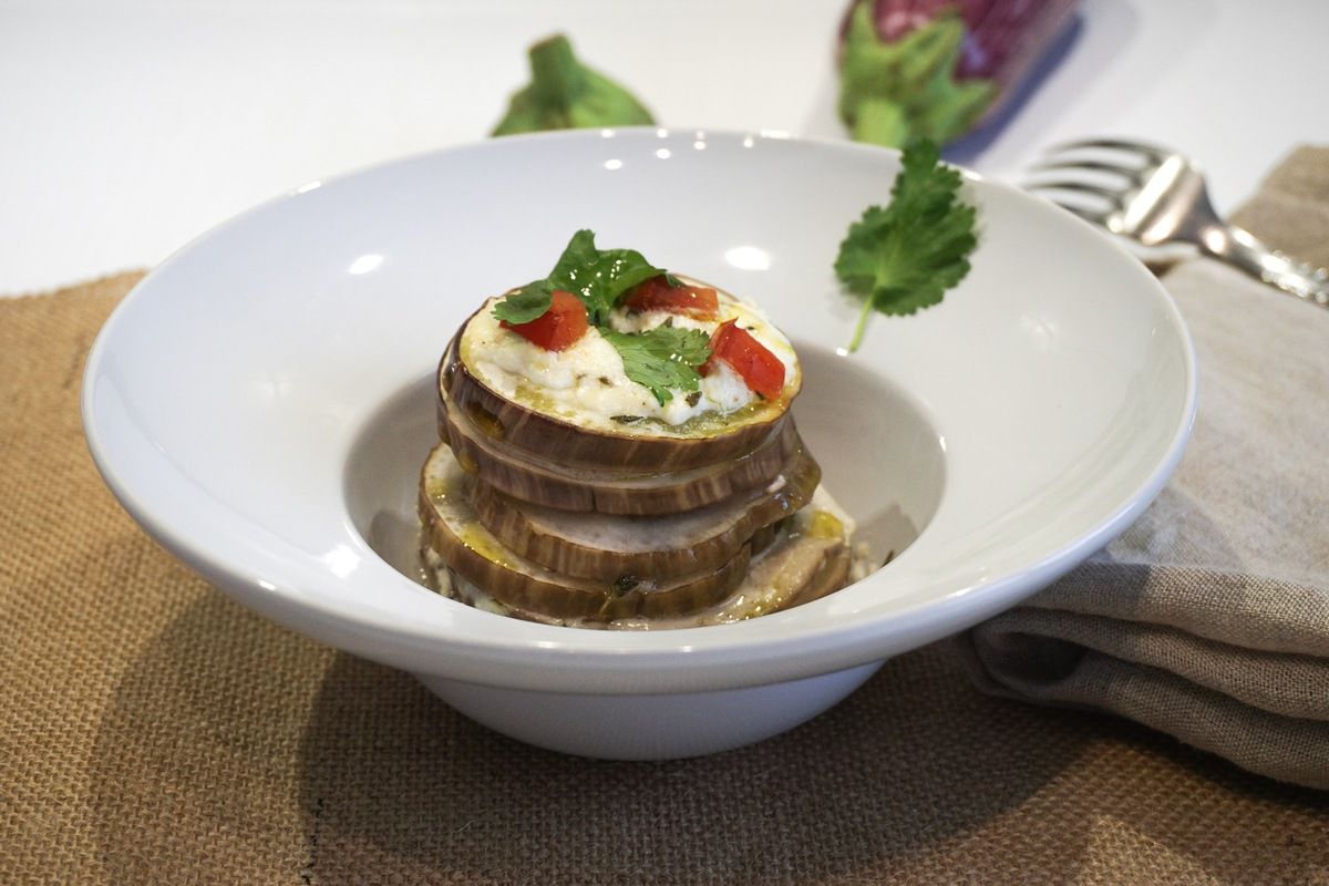 millefeuille d'aubergine au jambon et au fromage de chèvre cuit en basse température à l'omnicuiseur vitalité 