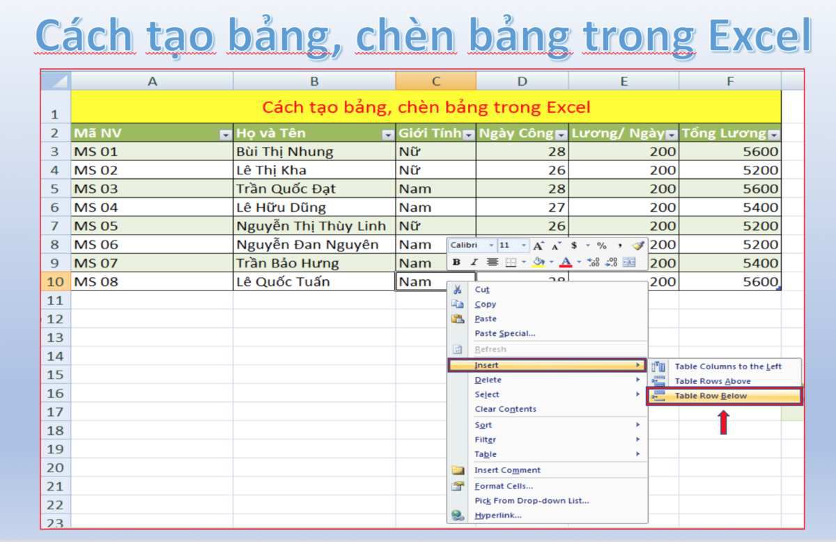 Cách thêm hàng trong bảng Excel.