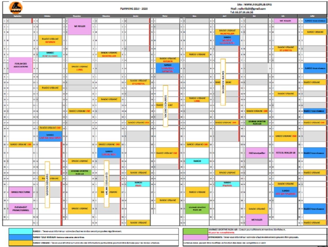 ROLLER LIB NIMES, agenda planning des activités roller du club, FFRS,