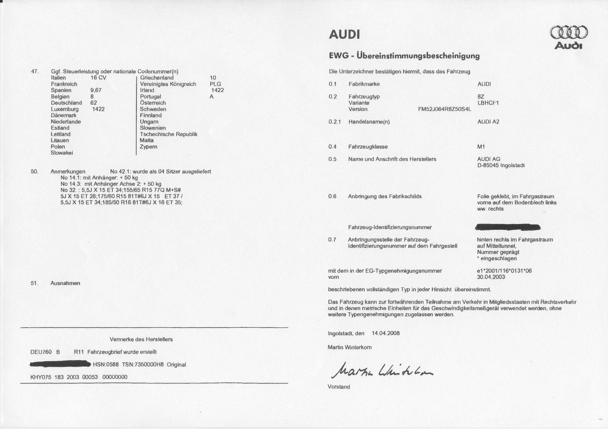 Certificat de Conformité Audi