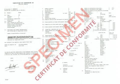 Certificat de Conformité Honda  