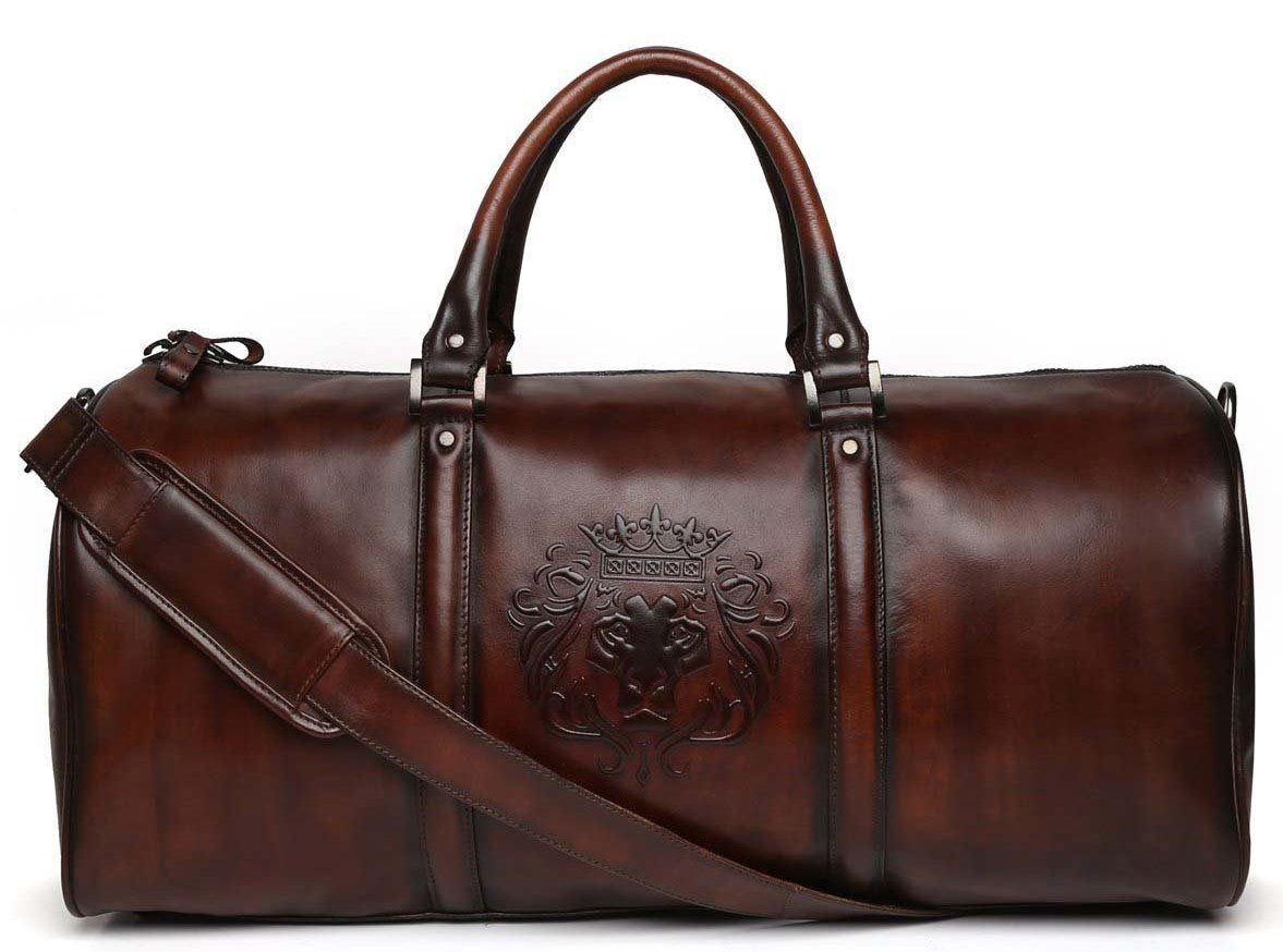 BRUNE X BARESKIN EMBOSSED LION DARK BROWN LEATHER DUFFLE BAG